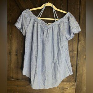 Moon Kiss•Size Med•off shoulder• Blue &White• vertical striped• blouse•EUC